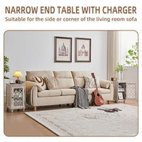Narrow end table with charging station and glass door, dark wood, small bedside size