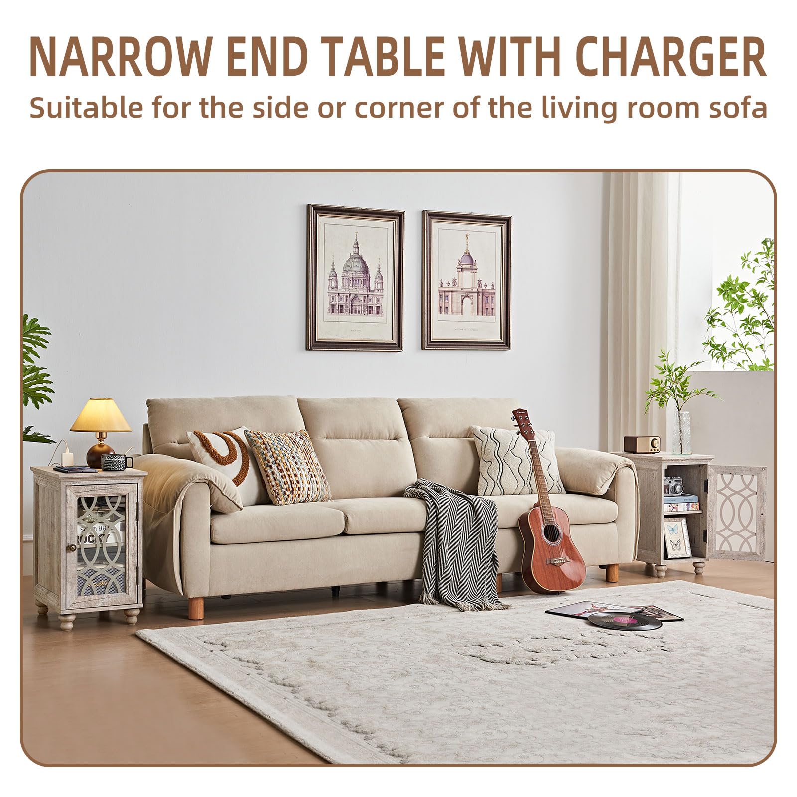 Narrow end table with charging station and glass door, dark wood, small bedside size
