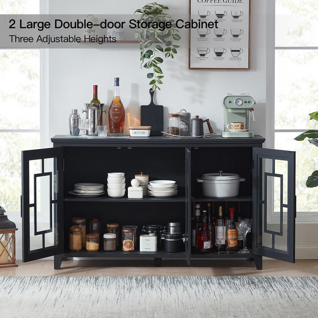 Large black double-door storage cabinet with glass doors and interior shelves