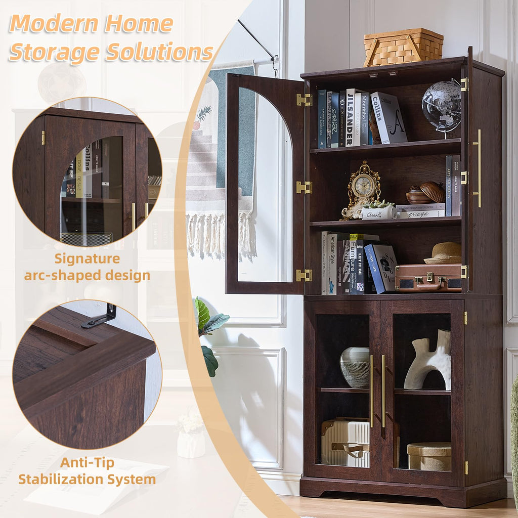 Tall dark brown display cabinet with curved glass doors and open book storage shelves