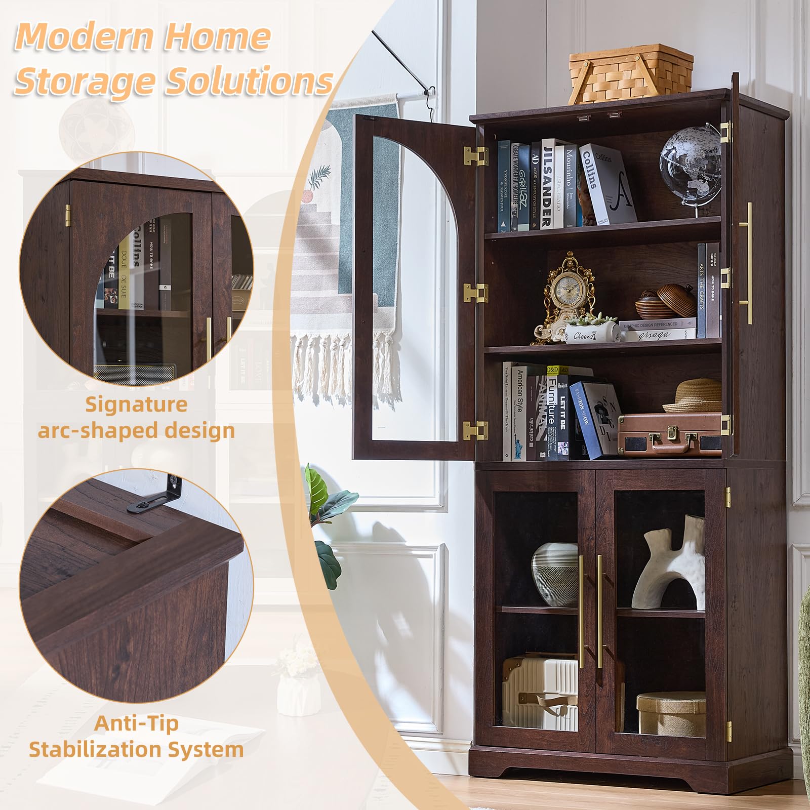 Tall dark brown display cabinet with curved glass doors and open book storage shelves