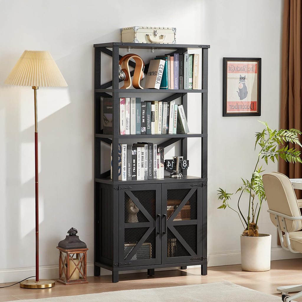 Black open-shelf bookcase with barn doors, mesh panels, and lower storage