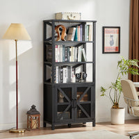 Black tall bookcase with open shelving and X-pattern barn doors