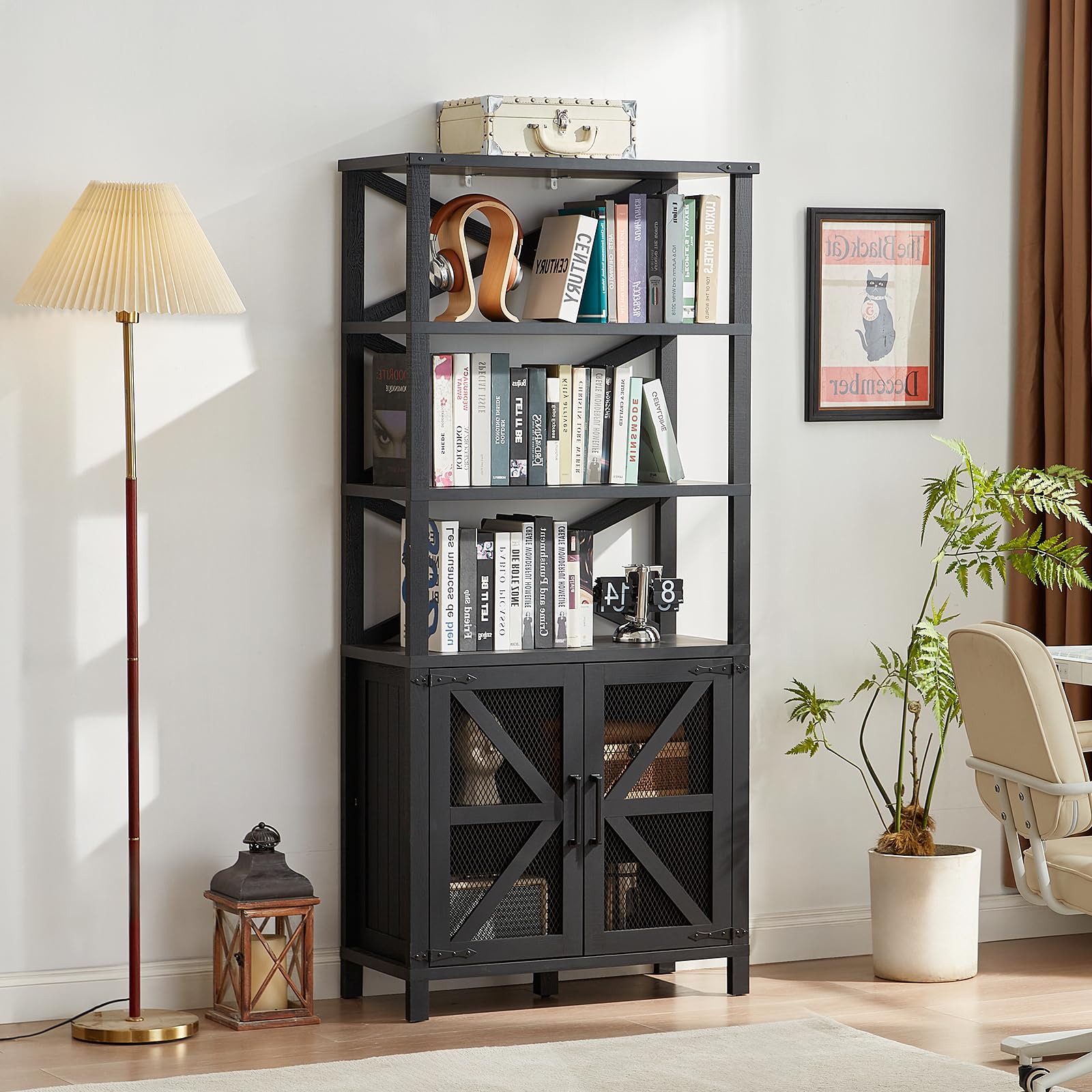 Black open-shelf bookcase with barn doors, mesh panels, and lower storage