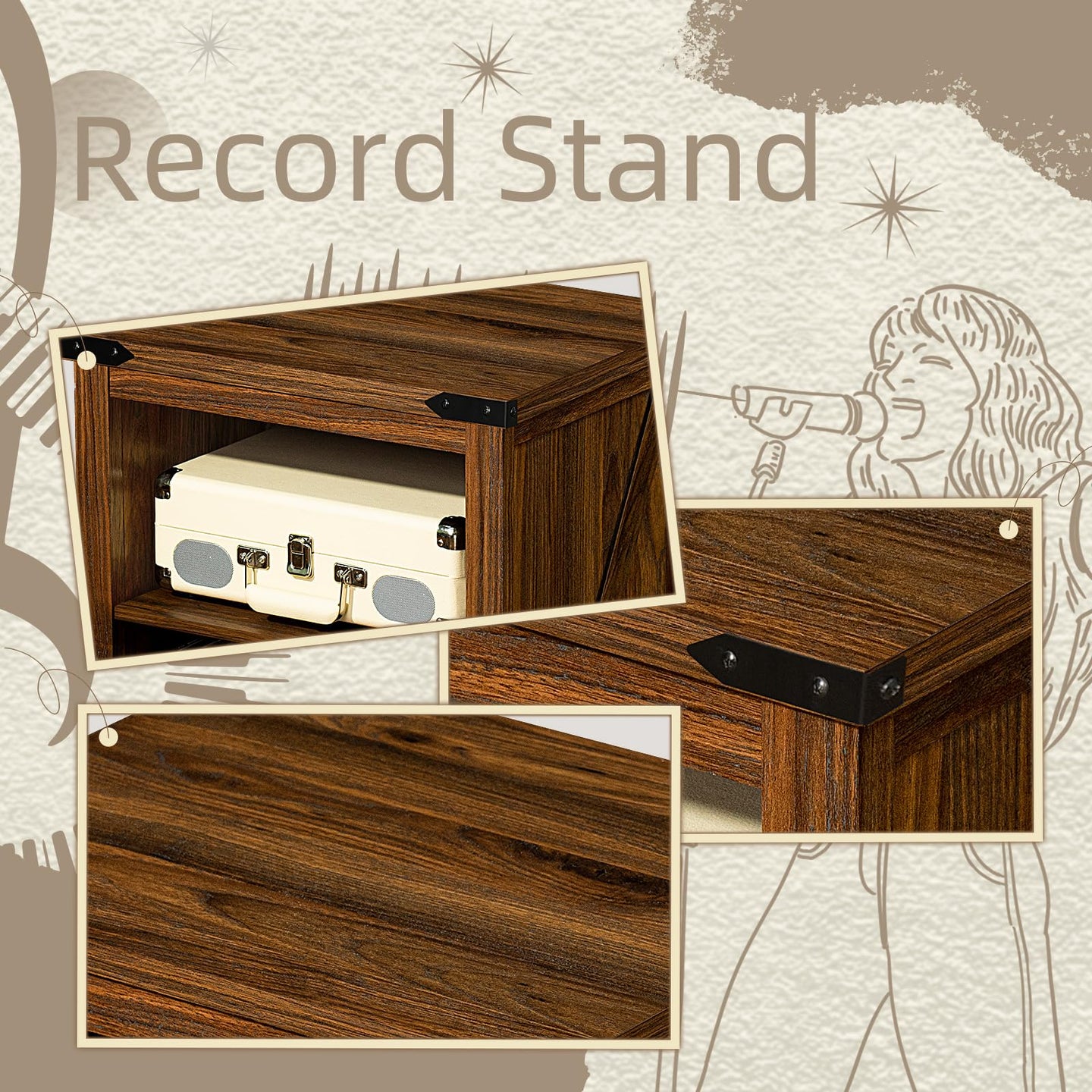 Brown record player stand with front drawer storage and open cabinet