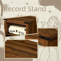 Brown record player stand with front drawer storage and open cabinet
