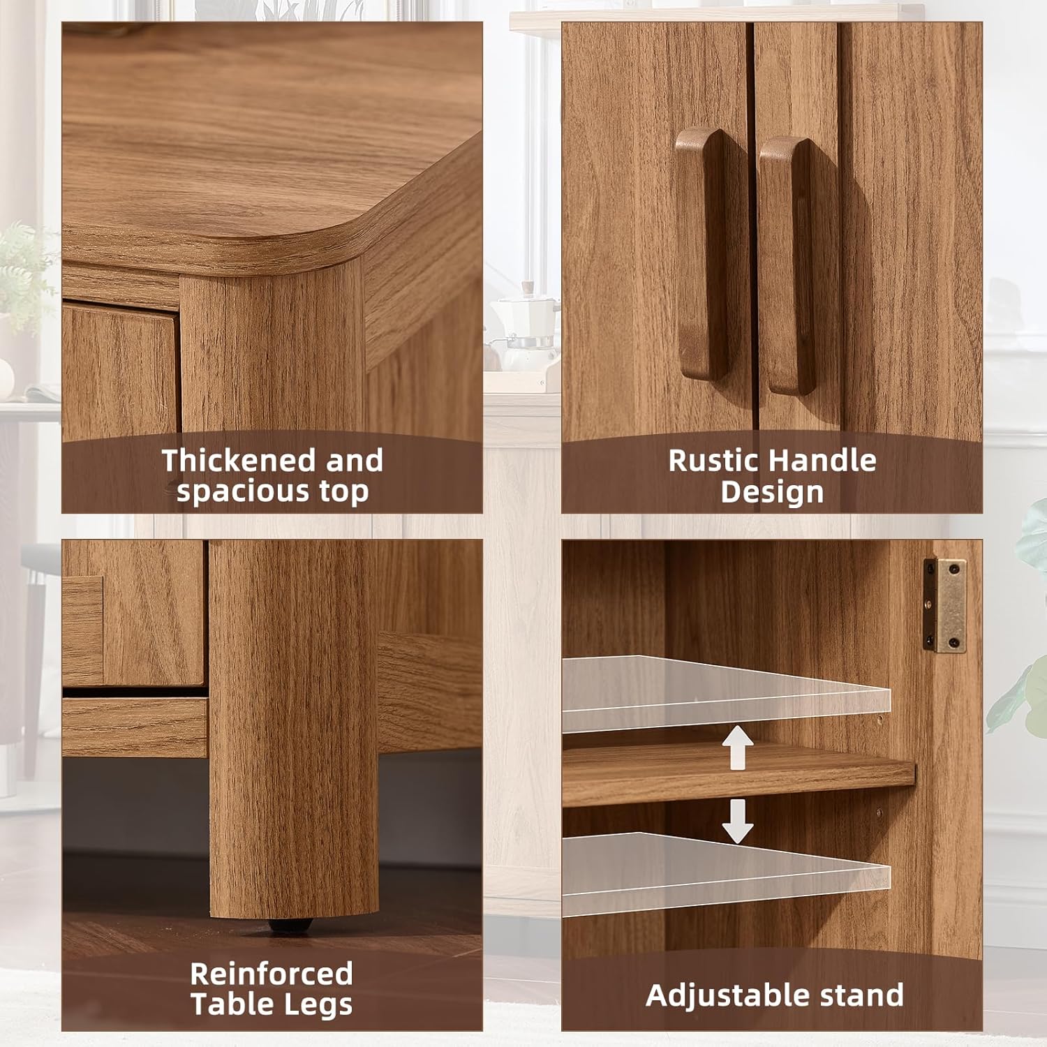 Wooden sideboard cabinet with thick top, rustic handles, and reinforced table legs