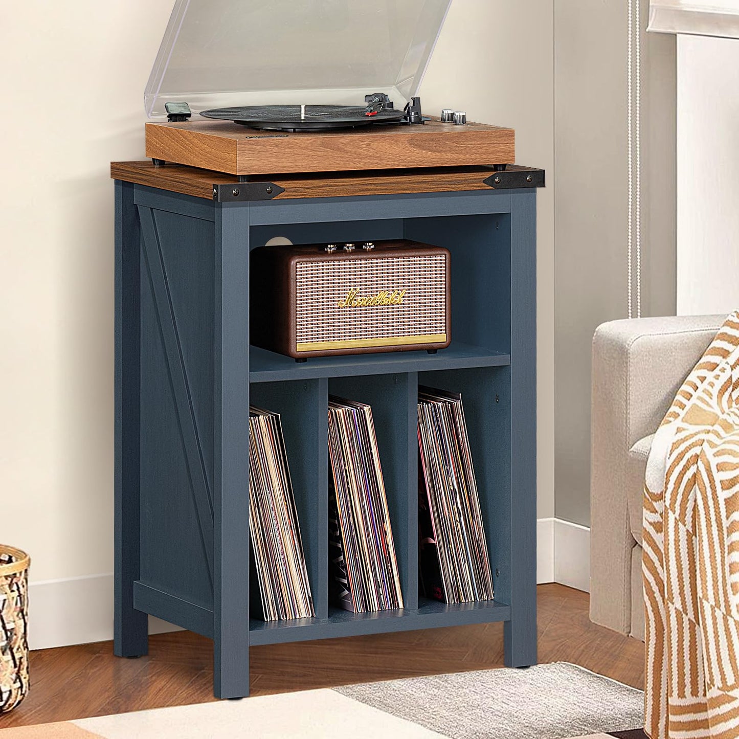 Navy blue record player stand with wood top, speaker niche, and vinyl record shelves