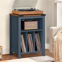 Navy blue record player stand with wood top, speaker niche, and vinyl record shelves
