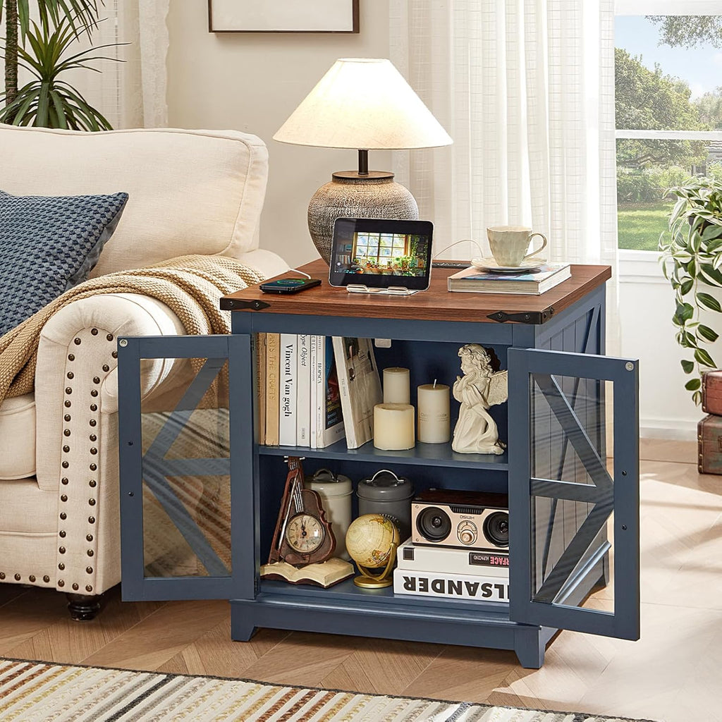 Blue wood end side table with open shelves and cabinet doors, charging station top