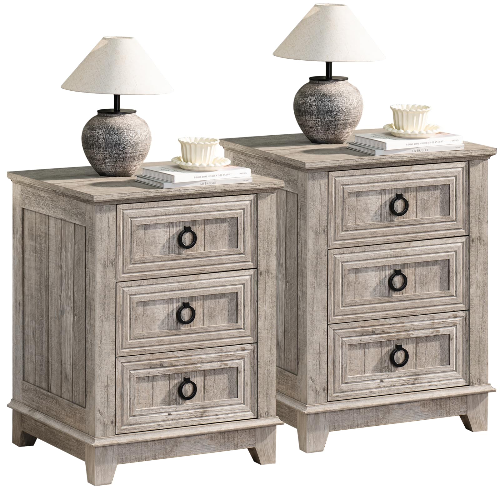 Gray farmhouse nightstand set of 2 with three drawers and round metal handles
