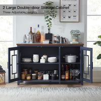 Navy storage sideboard cabinet with open double doors, glass panels, and wood top