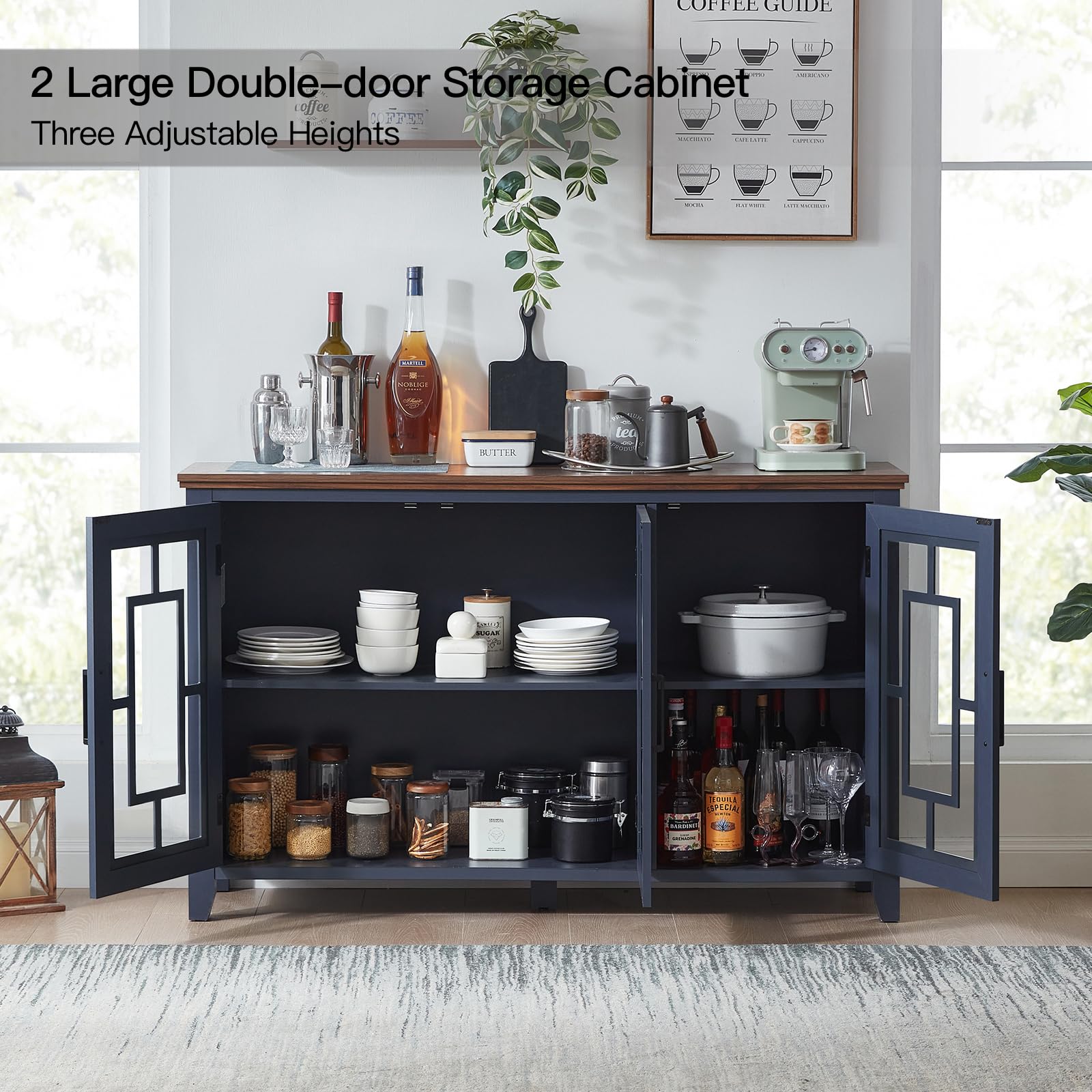 Sideboard buffet cabinet with dark blue frame and double glass doors, open storage shelves