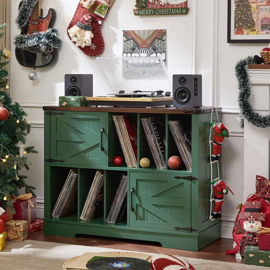 Green record player cabinet with vinyl shelves and barn doors, turntable on top