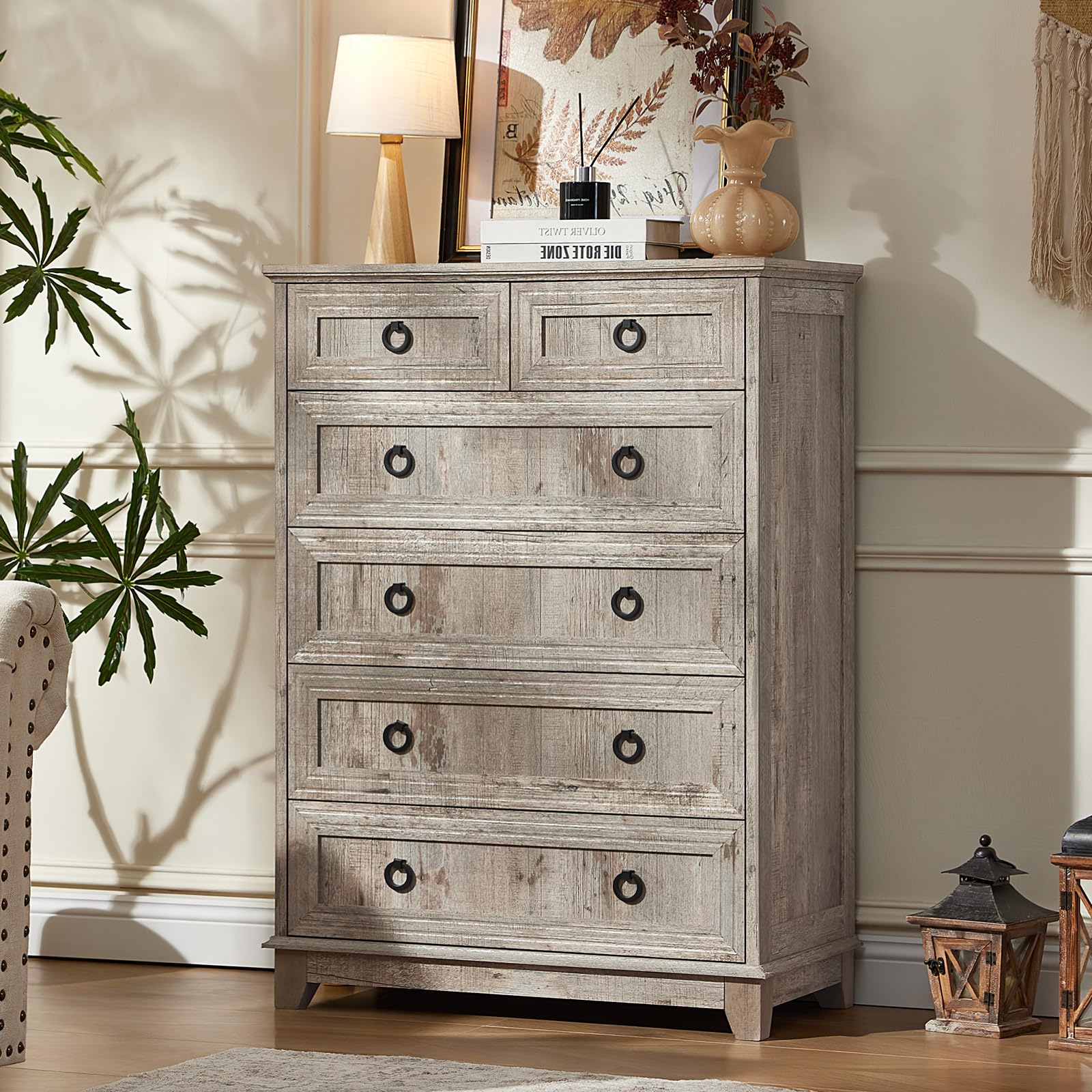 Tall 5-drawer dresser in weathered gray wood with round metal knobs
