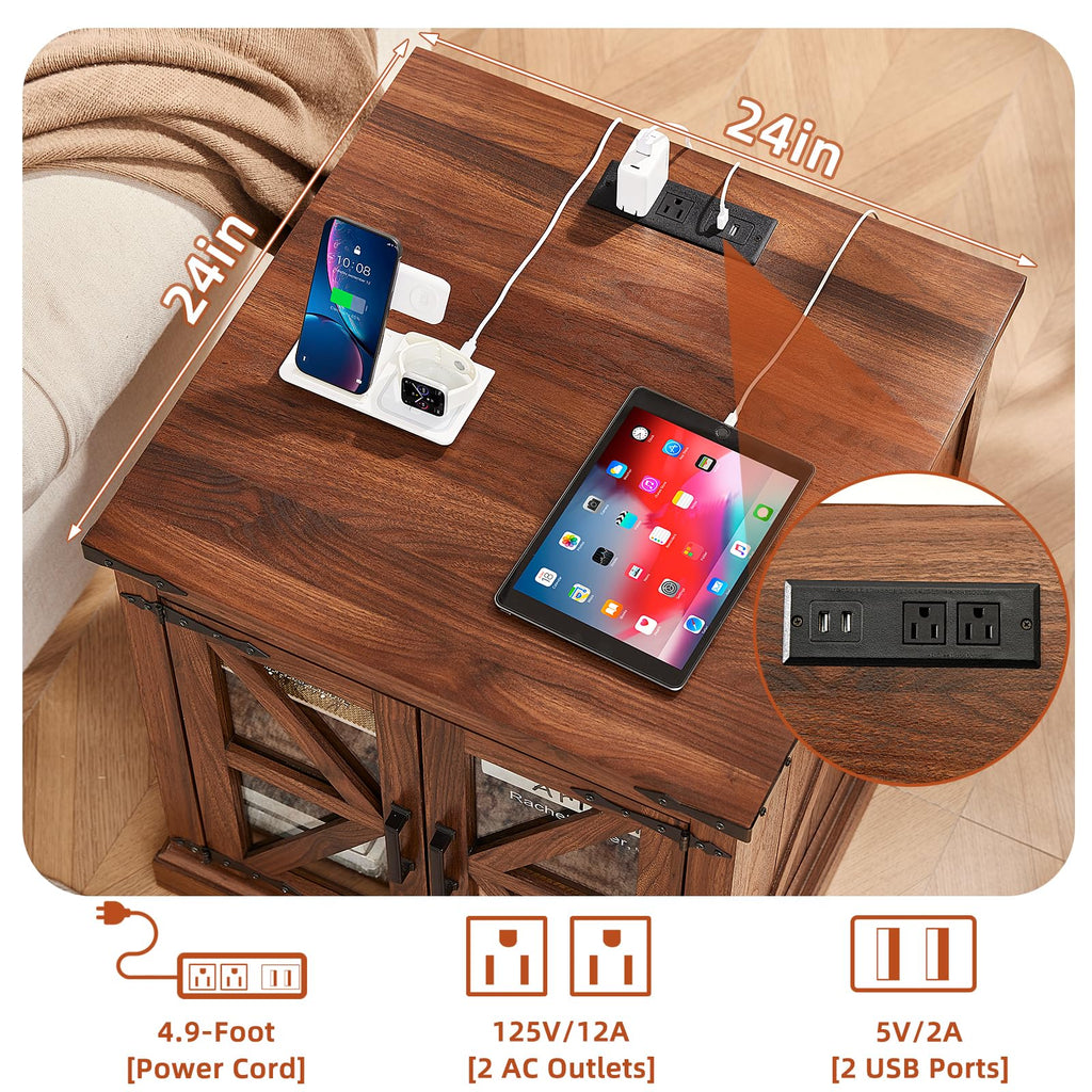 Wood side table with power outlets and cable ports on the tabletop, brown finish