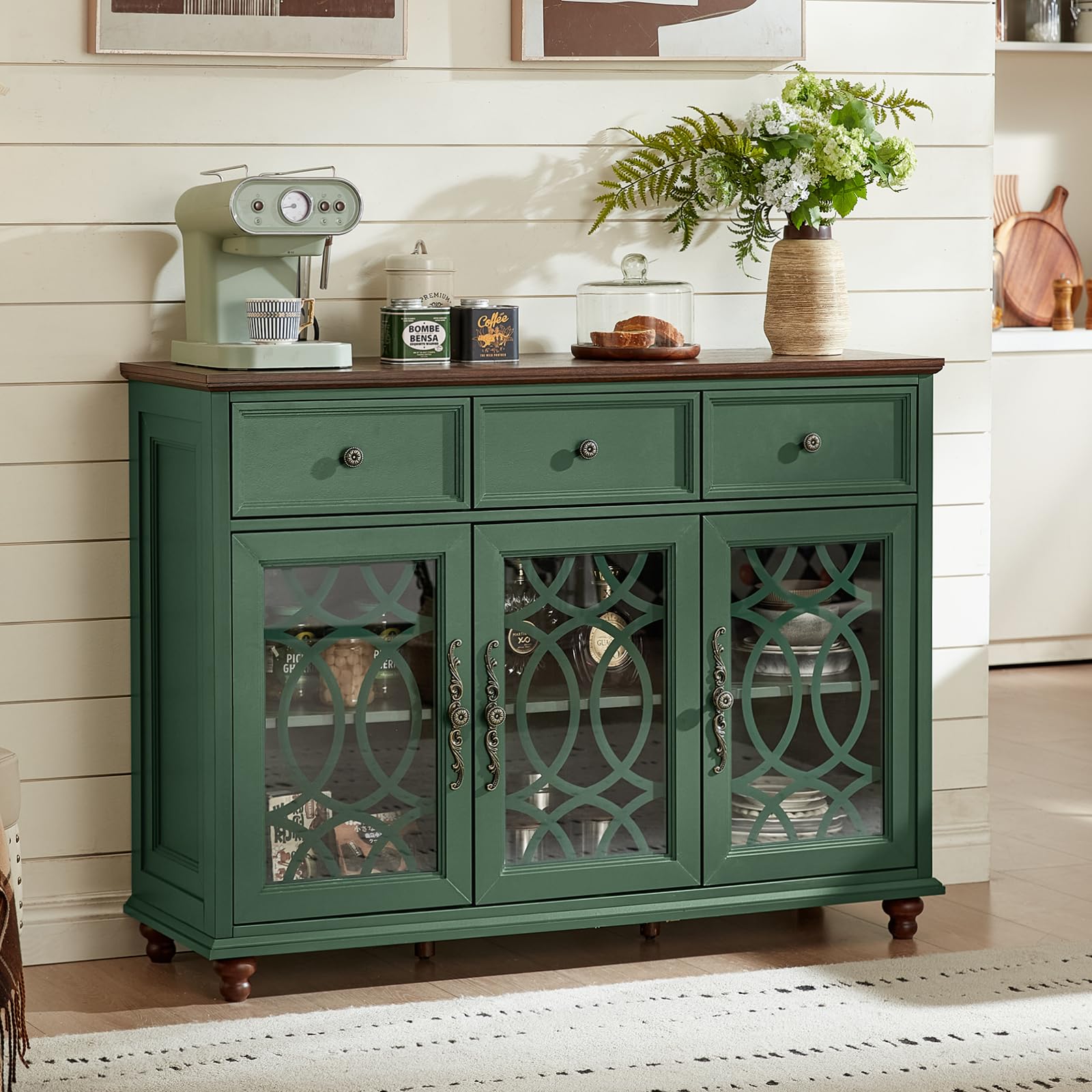 Farmhouse sideboard buffet cabinet in dark green with three glass doors and drawers