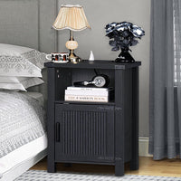 Joaxswe 18-Inch Nightstand with Charging Station and Fluted Door,Dark Blue | 18-inch bedside table with AC and USB charging, open storage and a magnetic fluted door for bedroom essentials