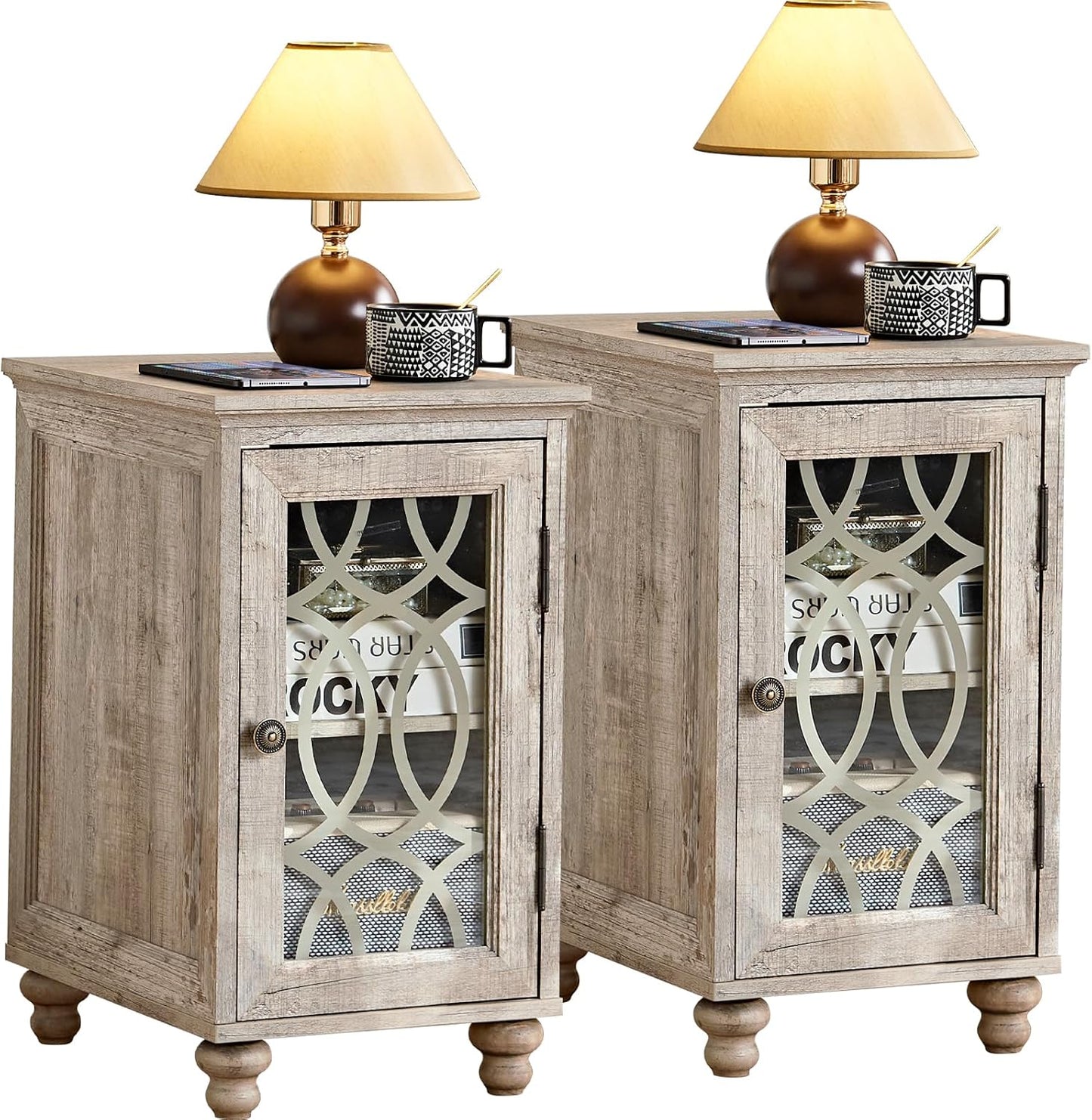 Narrow Side Table with Charging Station, Night Stand with Glass Door, Bedside End Tables with Adjustable Shelf Storage Cabinet,Wood Nightstand for Small Spaces Living Room Bedroom