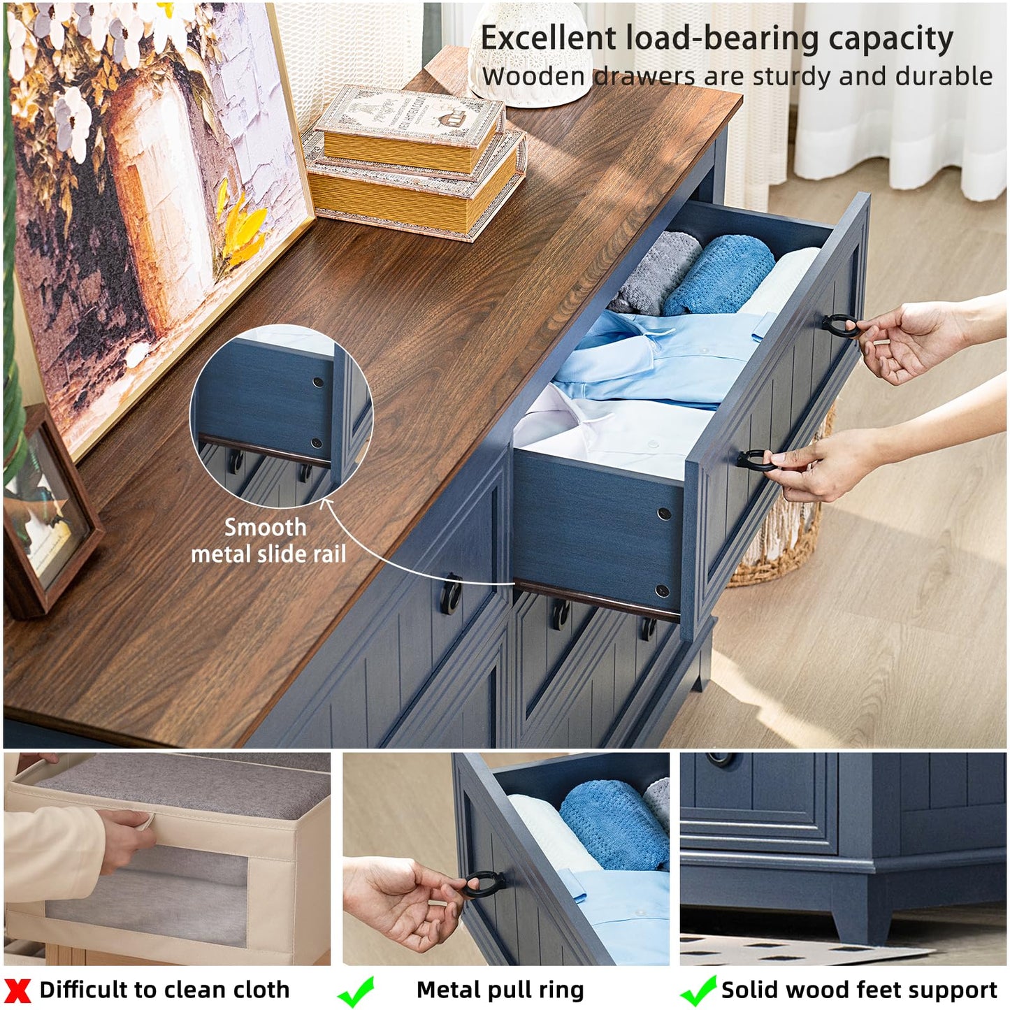 Blue dresser with open drawer showing smooth metal slide rail and round pull knob