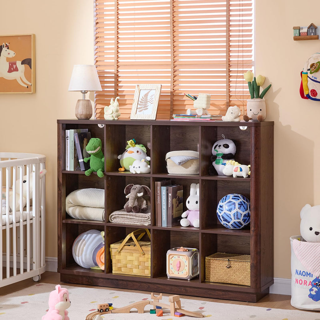 Wooden cube storage bookcase with open cubbies for books, toys, and small baskets.