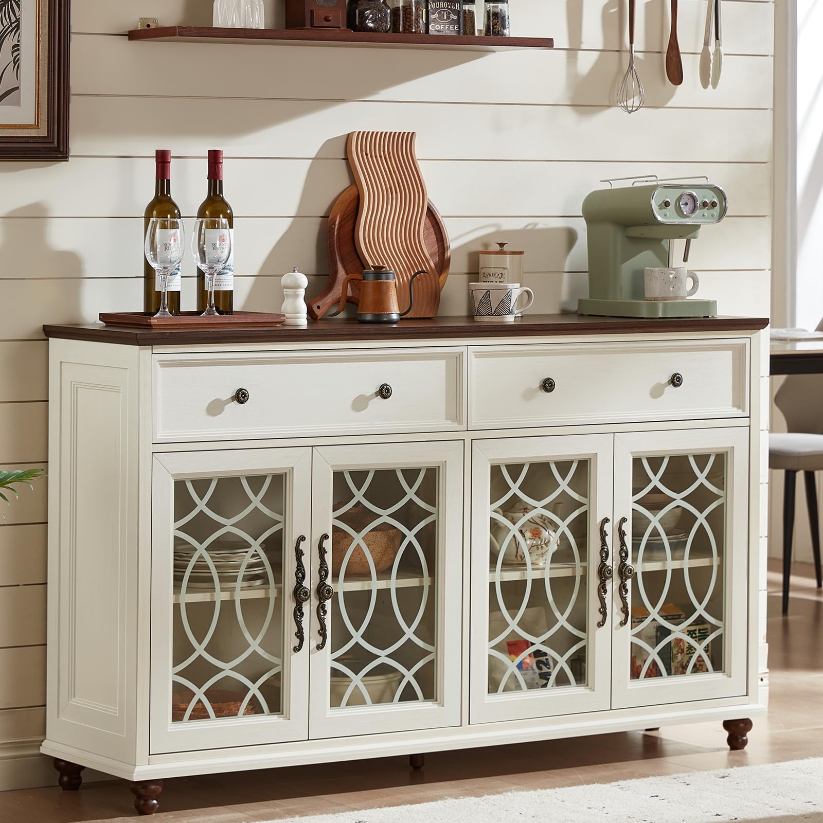White farmhouse sideboard buffet with 4 glass-front doors and 2 drawers