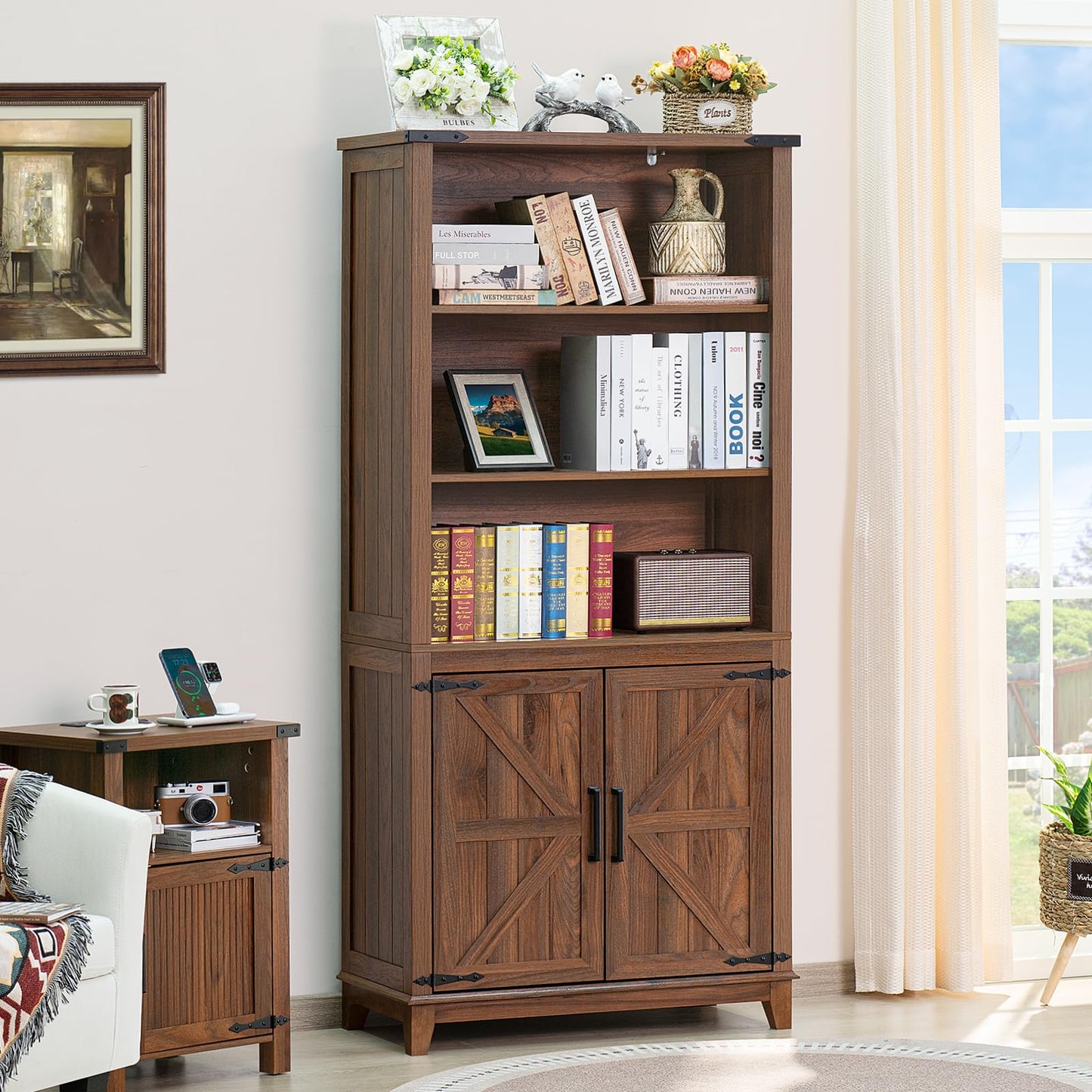 Joaxswe 70in Tall Bookshelf 5 Tier Bookcase with Barn Doors and Adjustable Shelves, Blue Farmhouse Book Shelf with Storage Cabinet, Wood Freestanding Display Bookshelves for Bedroom, Living Room