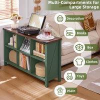 Green farmhouse-style bookcase with open cubby compartments and solid legs for storage