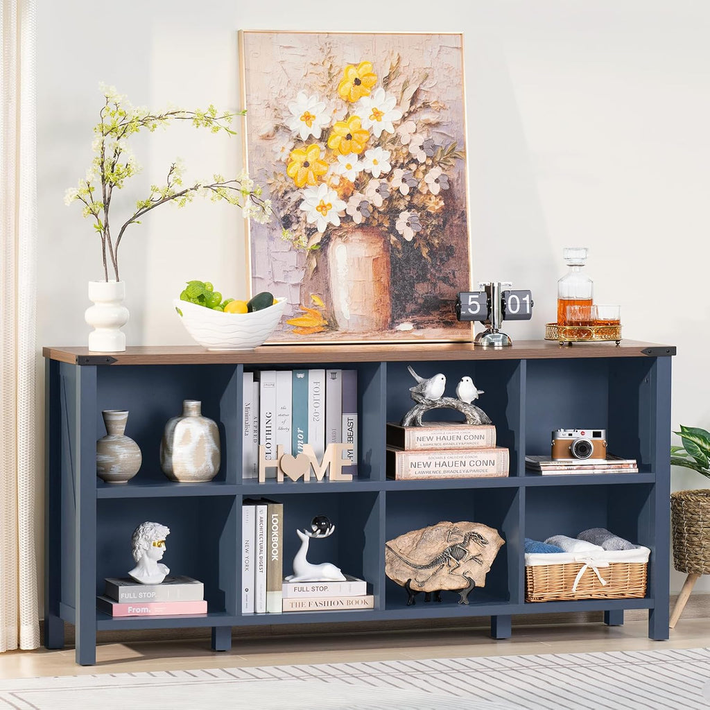 Navy blue 8-cube bookcase console with open storage cubbies and dark wood top