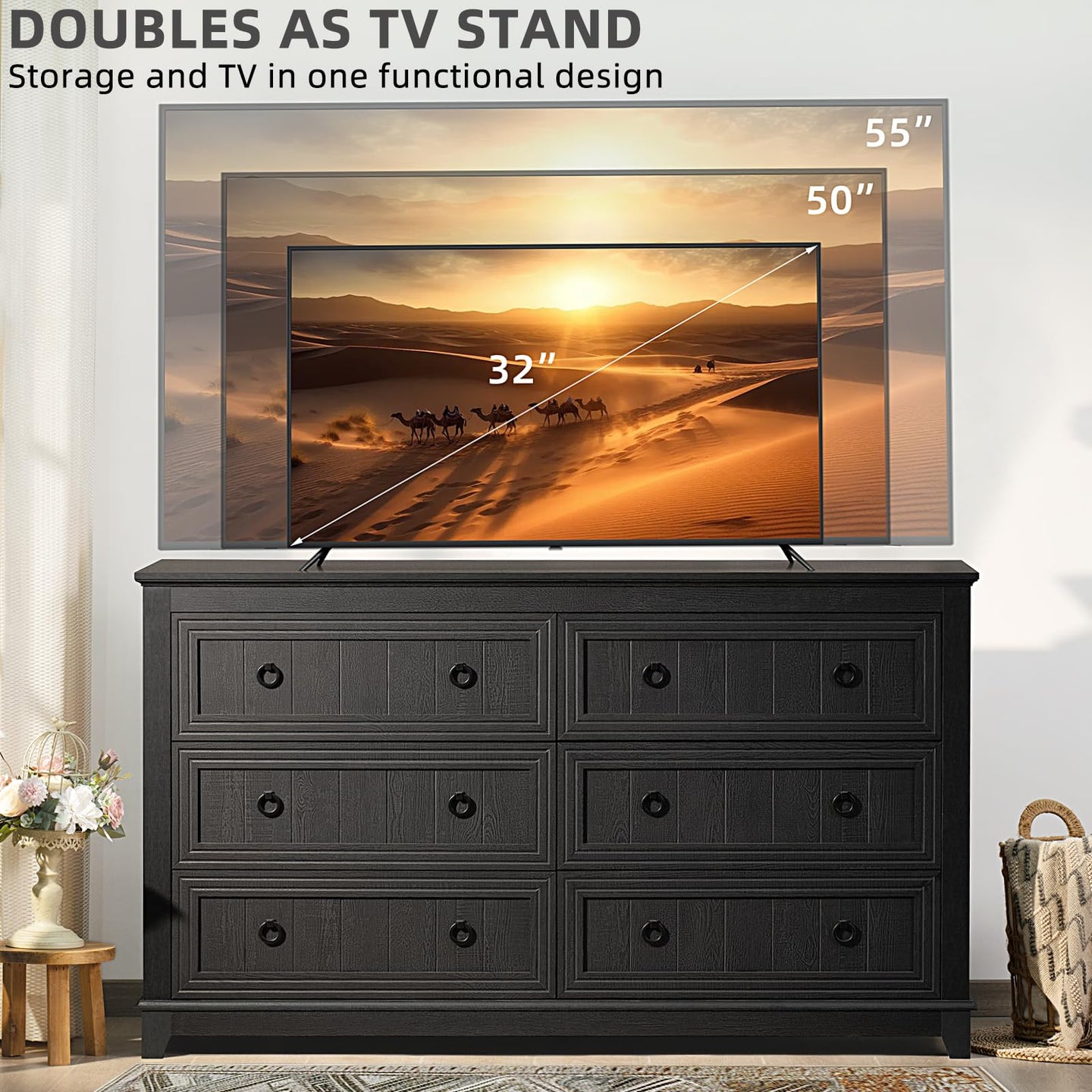 Farmhouse storage dresser with 6 drawers and a flat top for TV placement