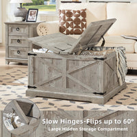 Gray wooden farmhouse coffee table with hidden storage and flip-top lid open