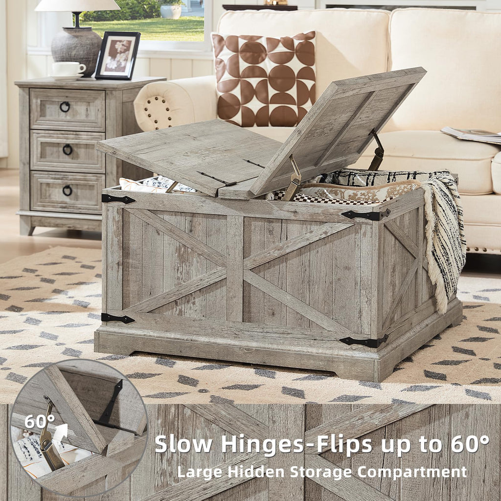 Rustic gray lift-top coffee table with hidden storage, lid flipped upward