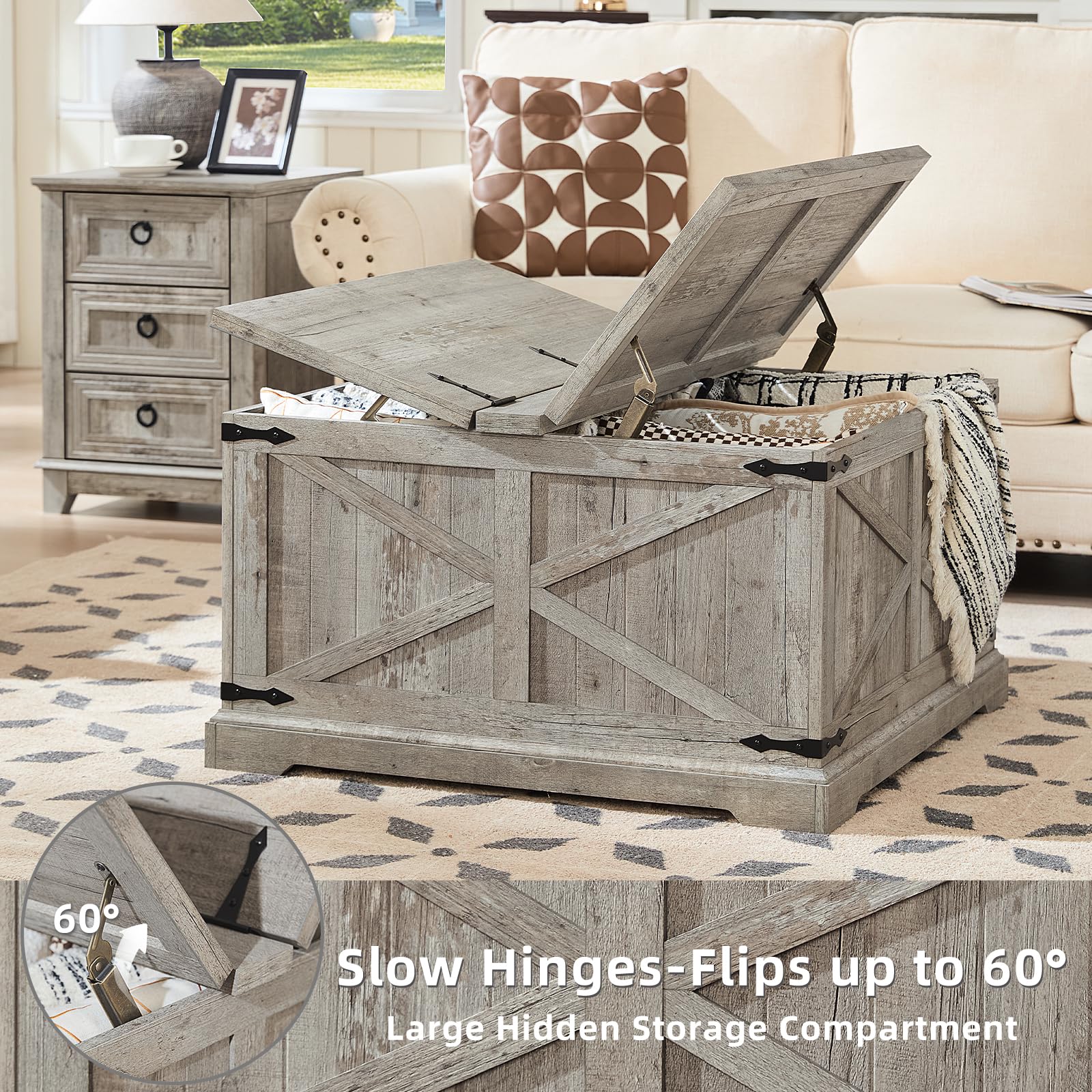 Rustic gray lift-top coffee table with hidden storage, lid flipped upward