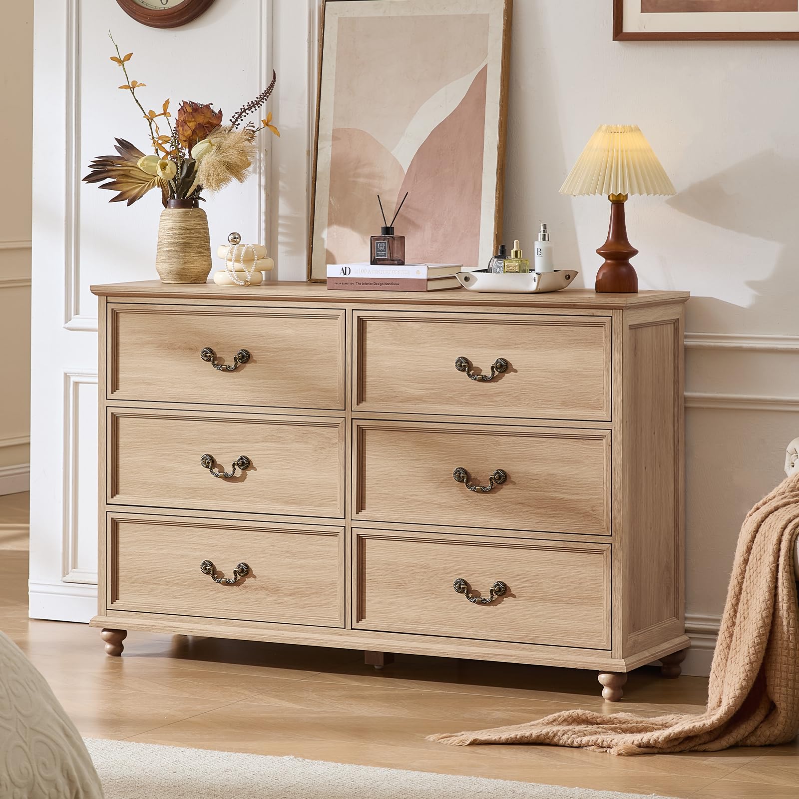 Farmhouse nightstand set of 2, natural wood dresser with 3 drawers and metal handles