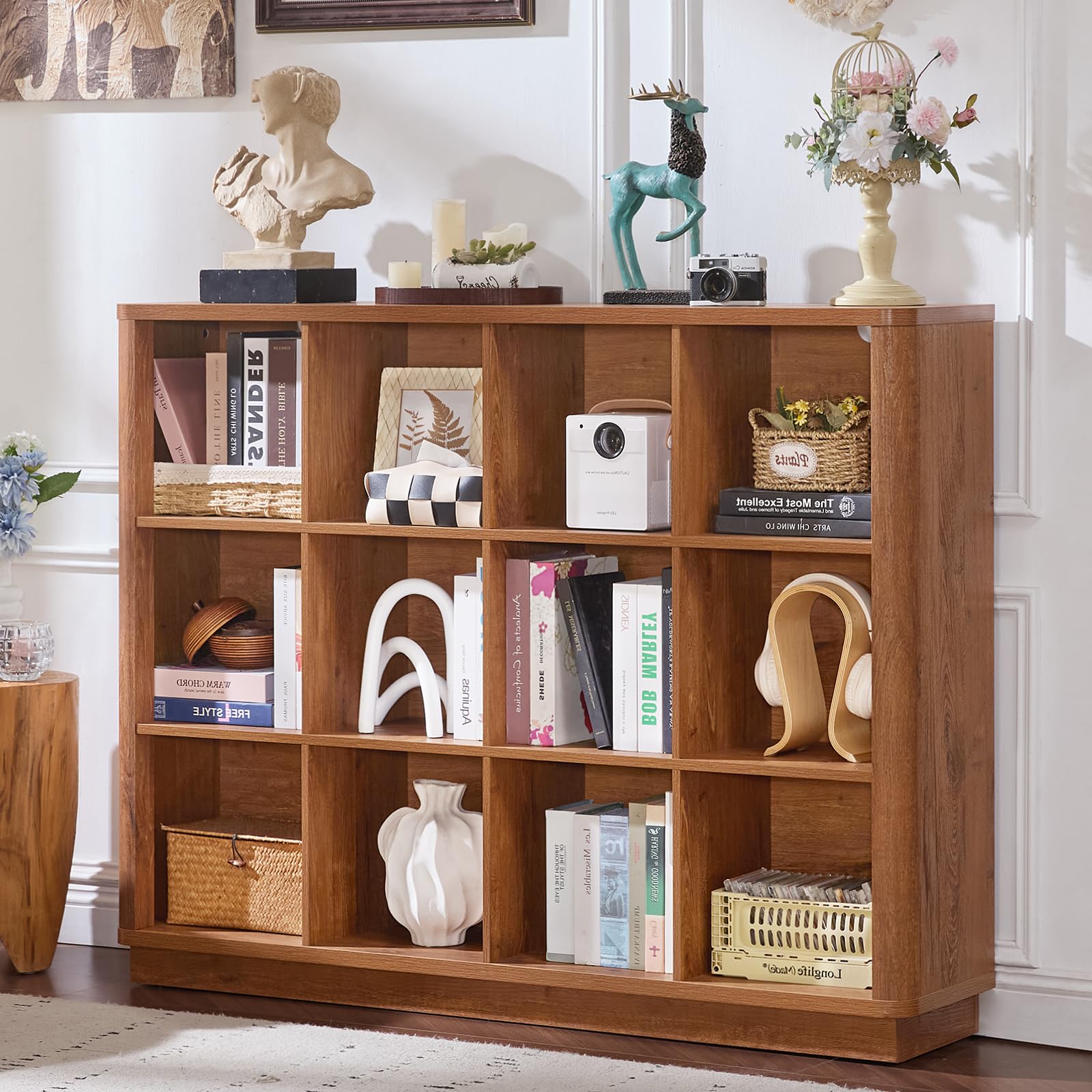 8 Cube Storage Book Shelf, 52" Long Horizontal Bookshelf with Curved Edge, Floor Standing Wooden Cubby Bookcase with Base, Modern Low Console Book Case, TV Stand for Living Room, Natural Oak