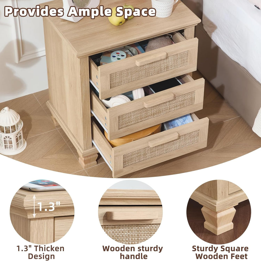 Wood nightstand with three open drawers featuring woven rattan fronts and handle bars