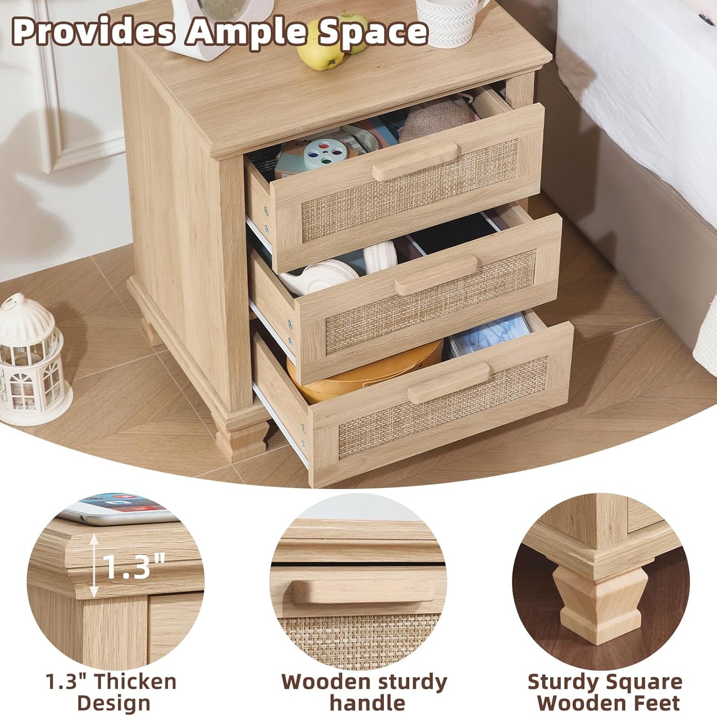 Wood nightstand with three open drawers featuring woven rattan fronts and handle bars