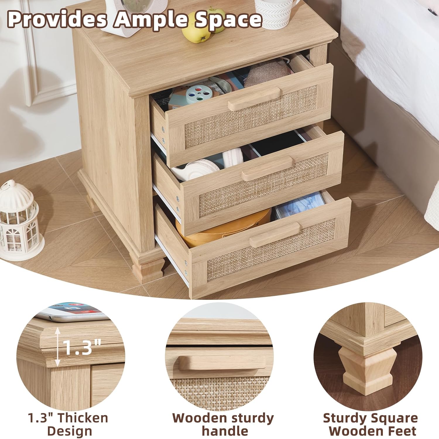 Wood nightstand with three open drawers featuring woven rattan fronts and handle bars