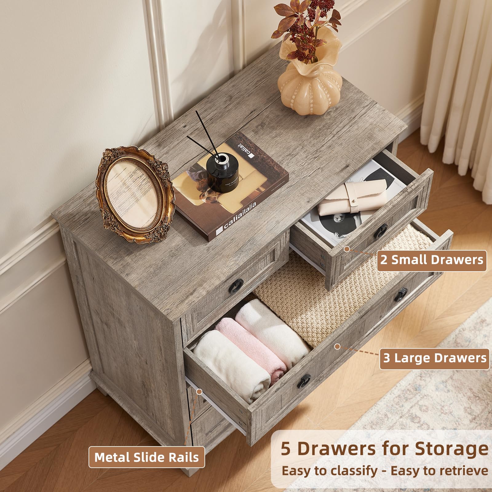 Gray storage dresser with five drawers, open top drawer area, and metal slide rails