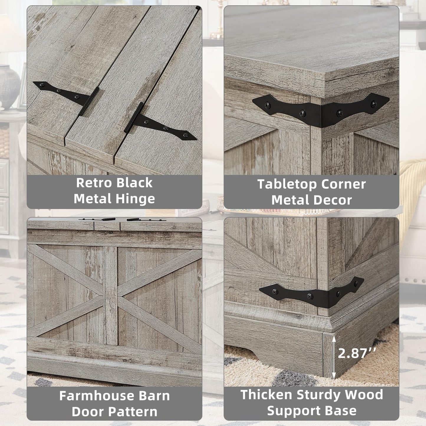 Gray farmhouse coffee table with black metal hinge for flip-top lid