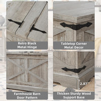 Gray farmhouse coffee table with black metal hinge for flip-top lid