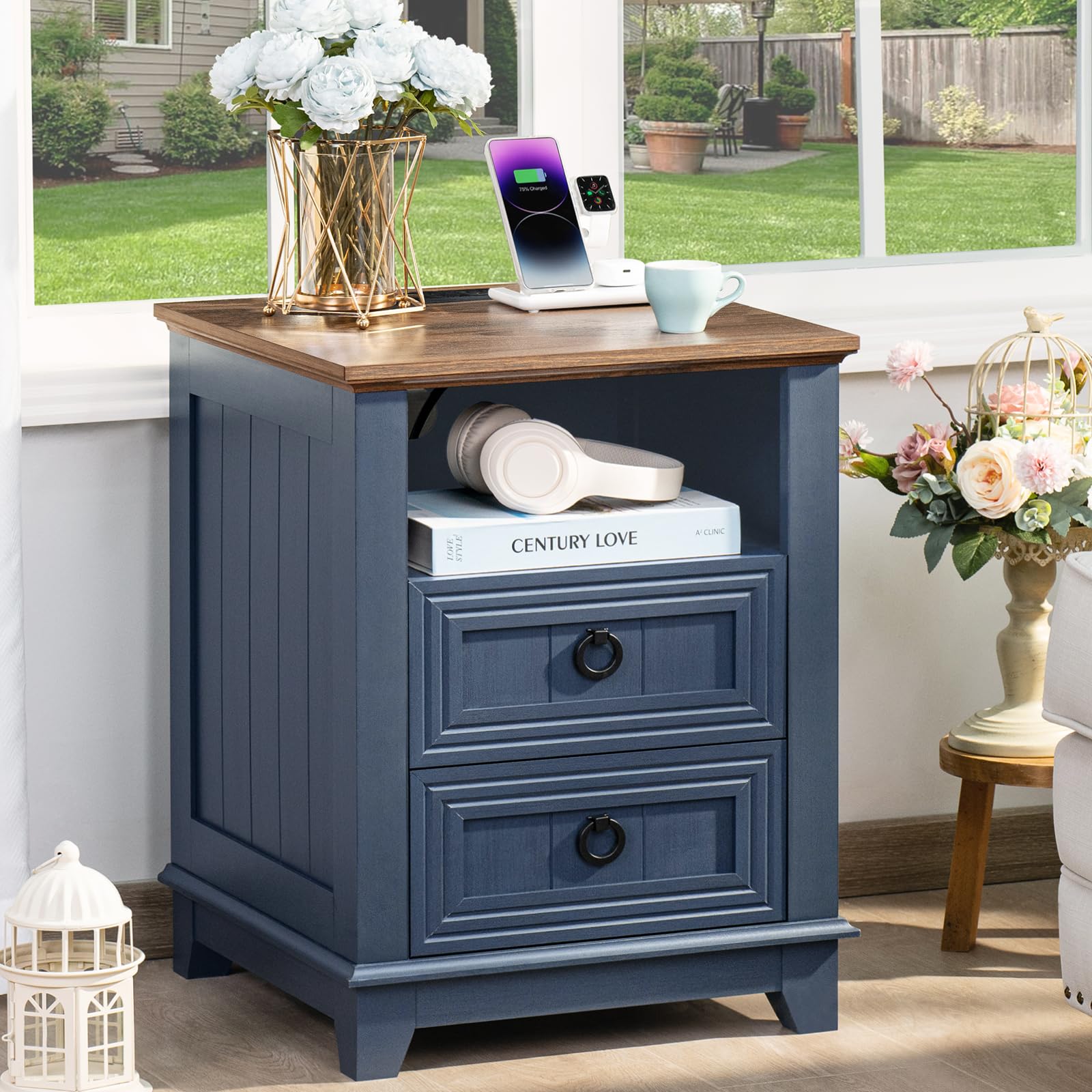 Blue farmhouse nightstand with three drawers and round metal knobs