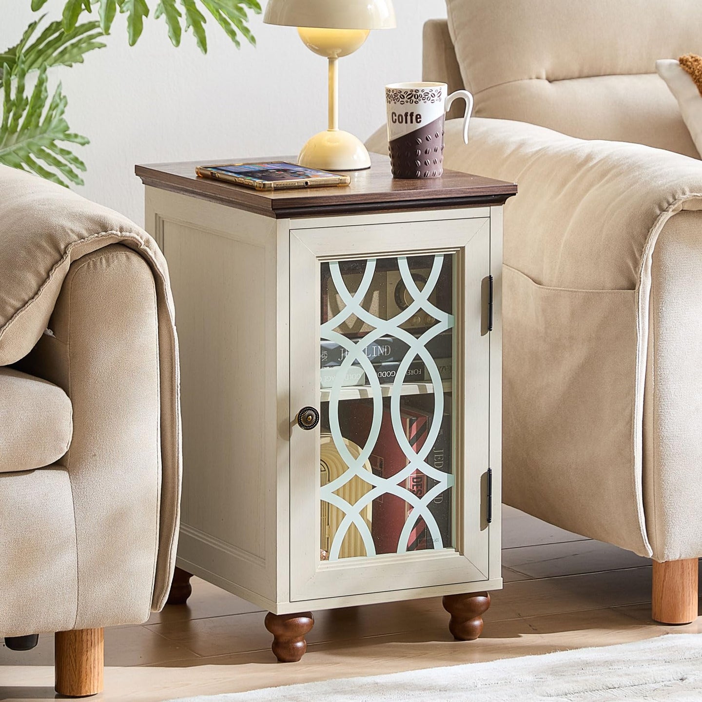 White wood nightstand cabinet with glass door and turned wooden feet