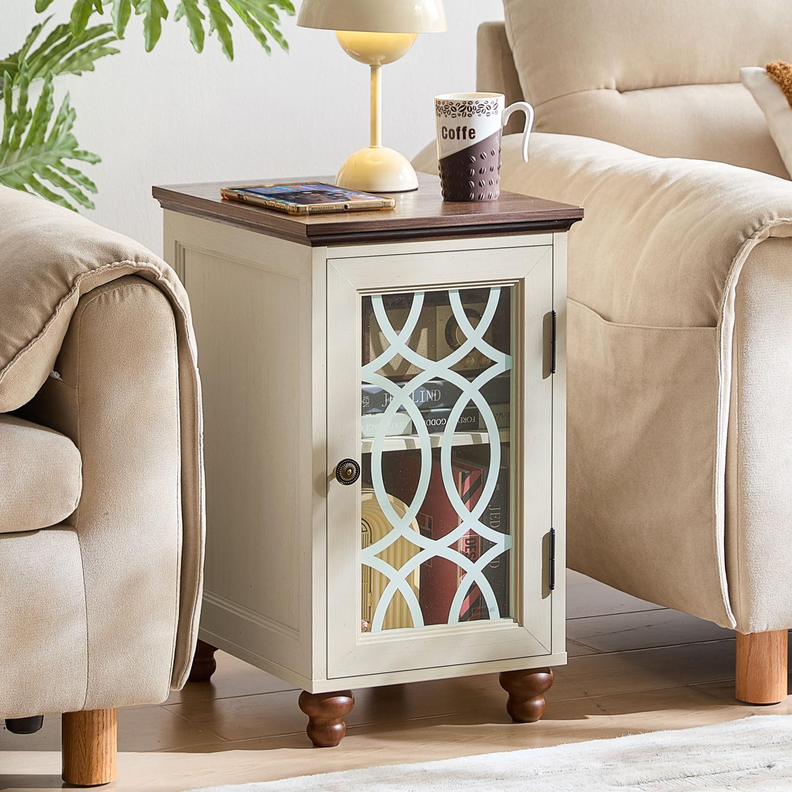 White wood nightstand cabinet with glass door and turned wooden feet