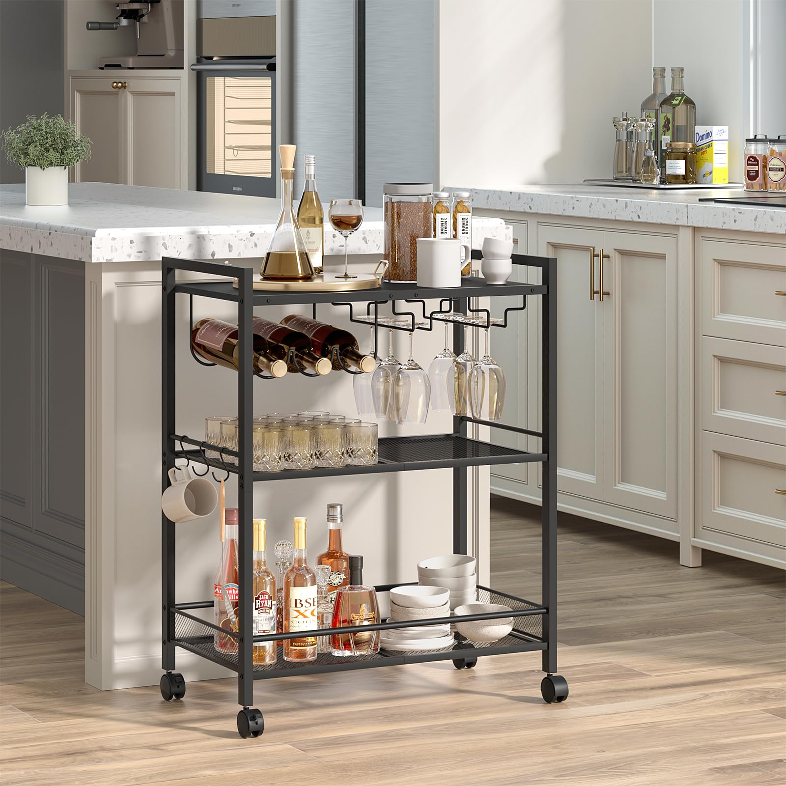 Black bar cart with wine bottle holder, glass racks, and three storage shelves
