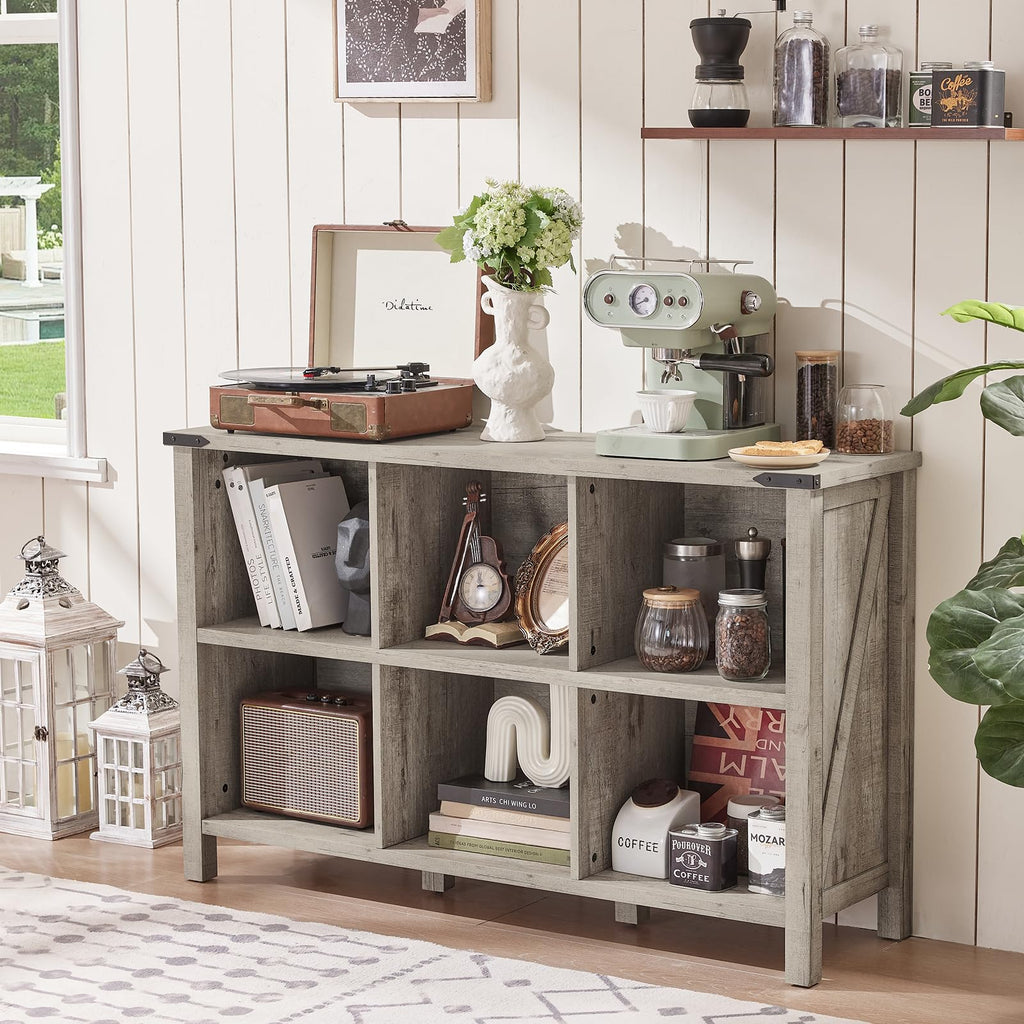 Rustic grey wood bookcase with open cubbies, display shelves, and short legs