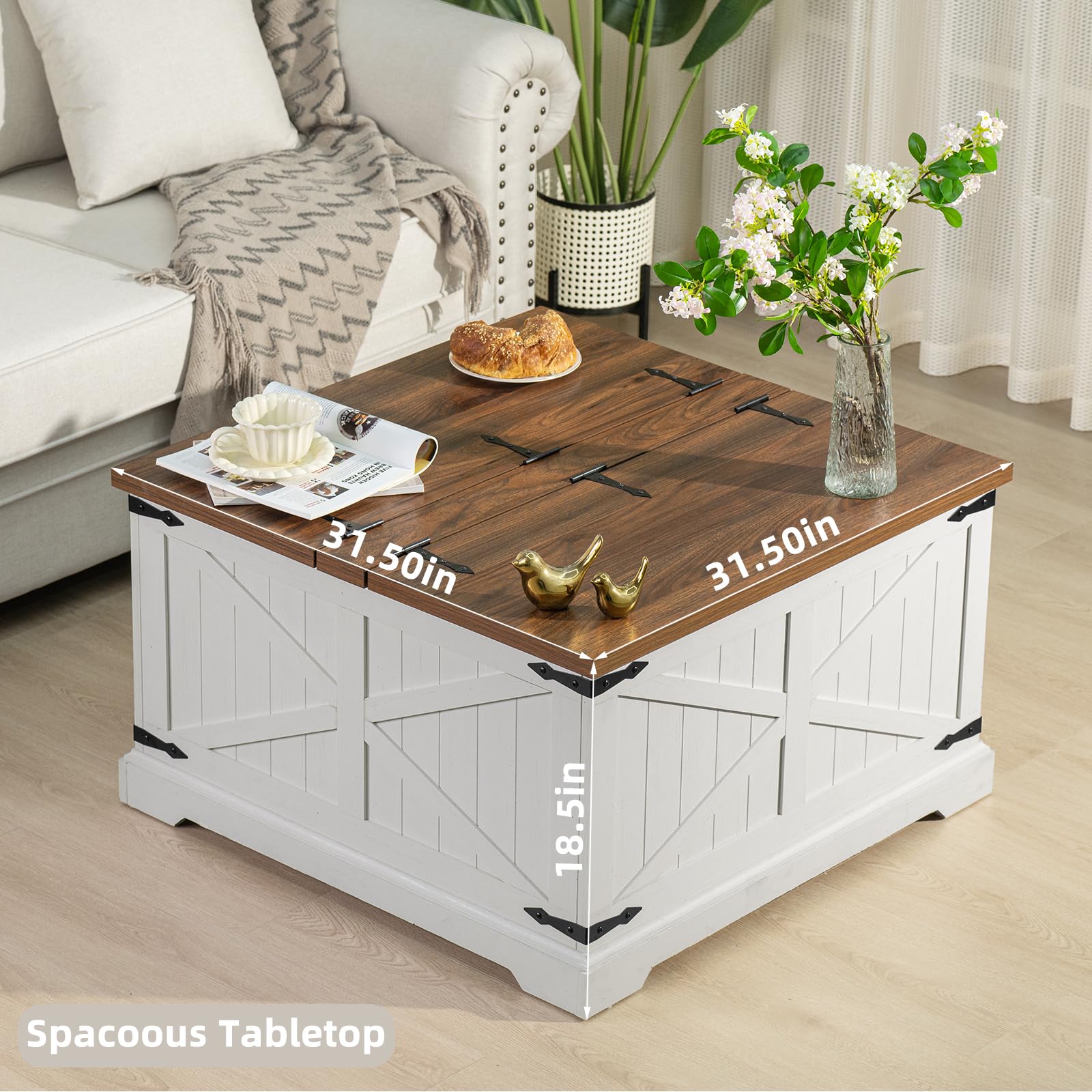 White farmhouse coffee table with hinged lift top and hidden storage, brown tabletop