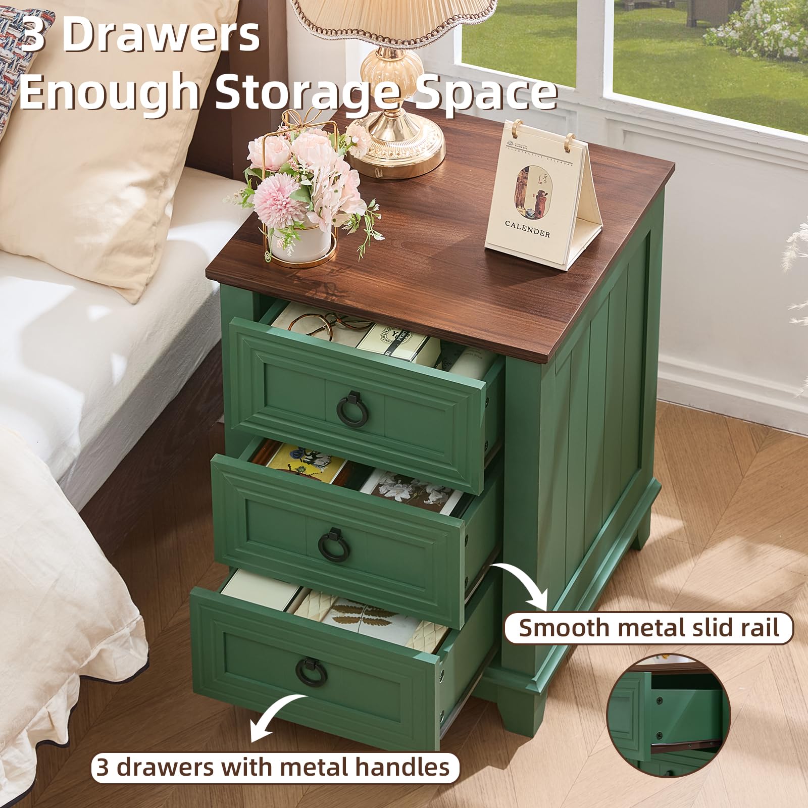 Green 3-drawer nightstand with open drawers, metal pulls, and smooth slide rails
