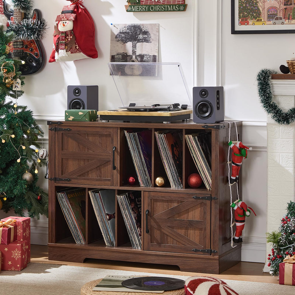 Brown wood record player cabinet with doors and open shelves for vinyl records.