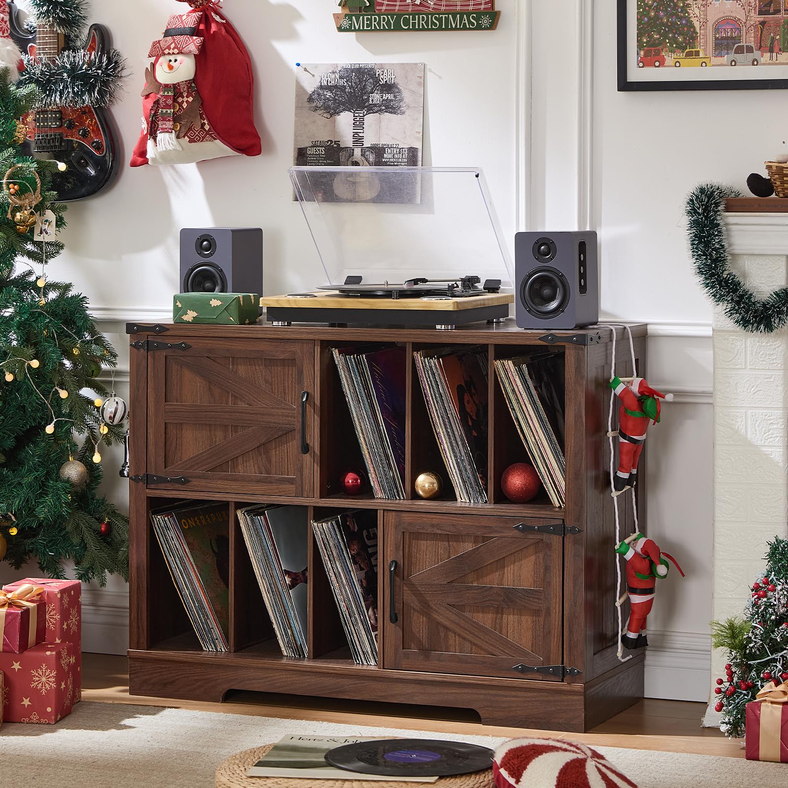 Brown wood record player cabinet with doors and open shelves for vinyl records.